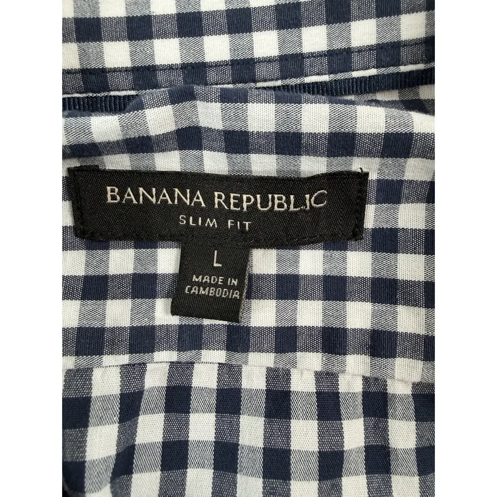 Banana‎ Republic Shirt Mens Large L Dark Blue White Plaid Slim Fit Button Up